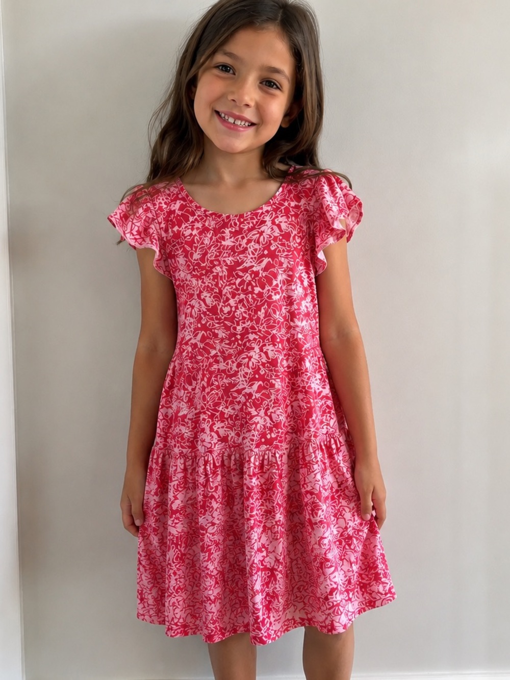 French Connection Girls Pink Floral Tiered Flutter Sleeve Dress